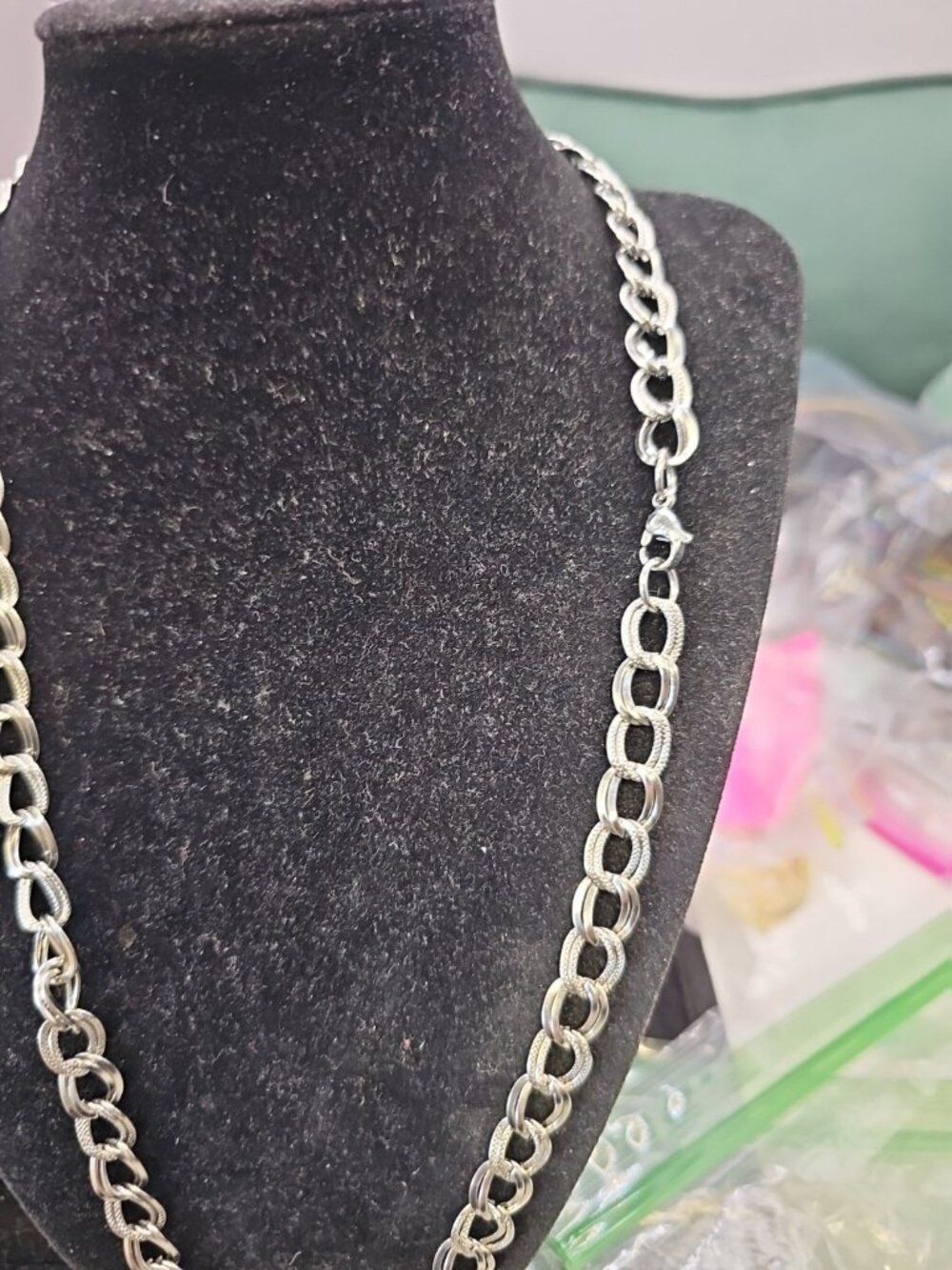 Necklace 22"inch Silver-tone Double Curb Link Spring Ring Closure